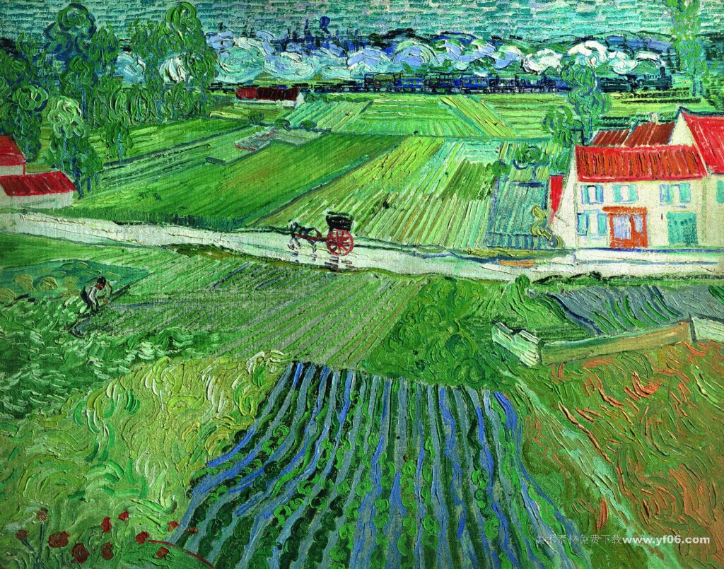 092 梵高 Landschaft mit Pferdewagen und Zug im Hintergrund