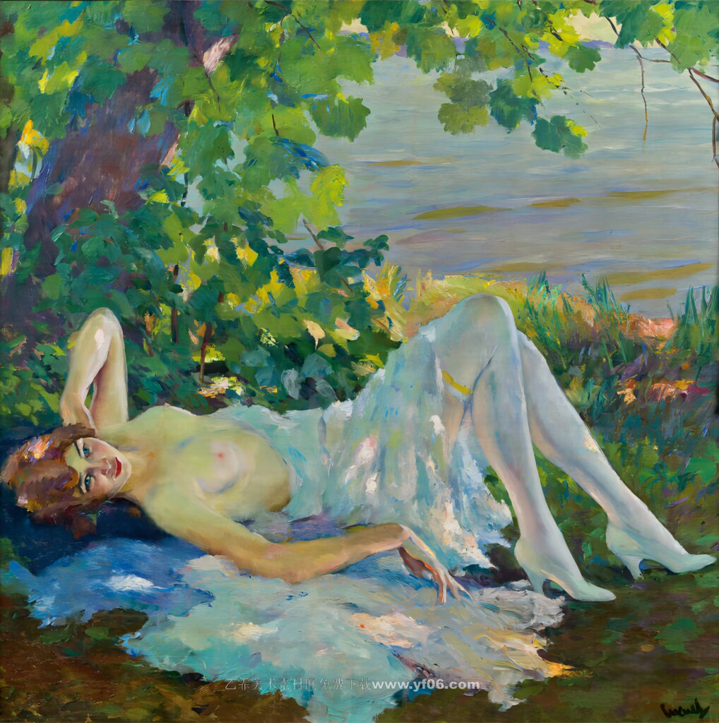 库格尔高清油画资源免费下载——海边休息的女人-乙霏美术素材网