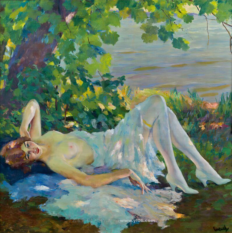 库格尔高清油画资源免费下载——海边休息的女人-乙霏美术素材网