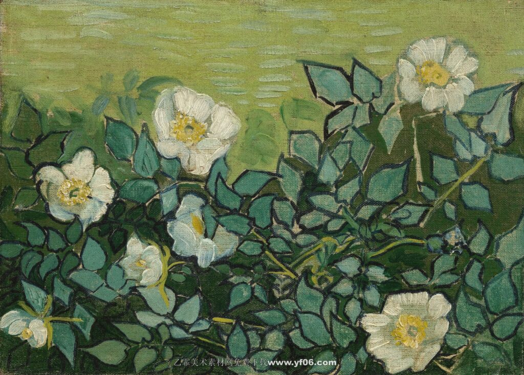 梵高高清素材免费下载——杏花鸢尾花白玫瑰-乙霏美术素材网