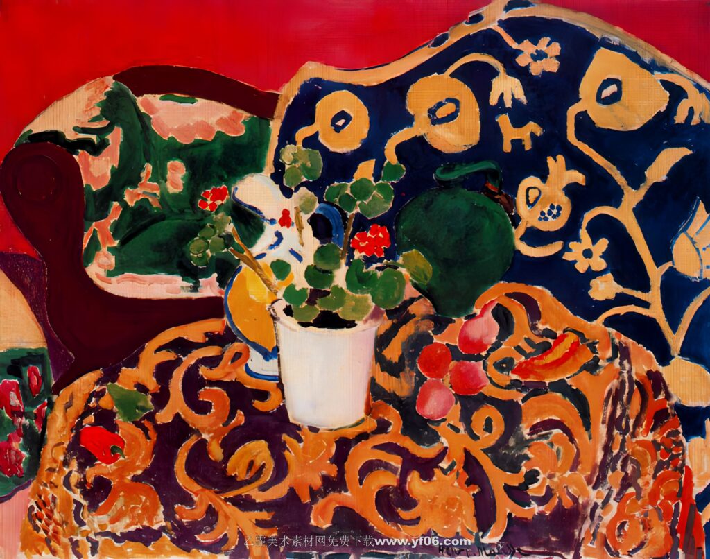 马蒂斯油画高清素材免费下载——桌子上的静物鲜花-乙霏美术素材网