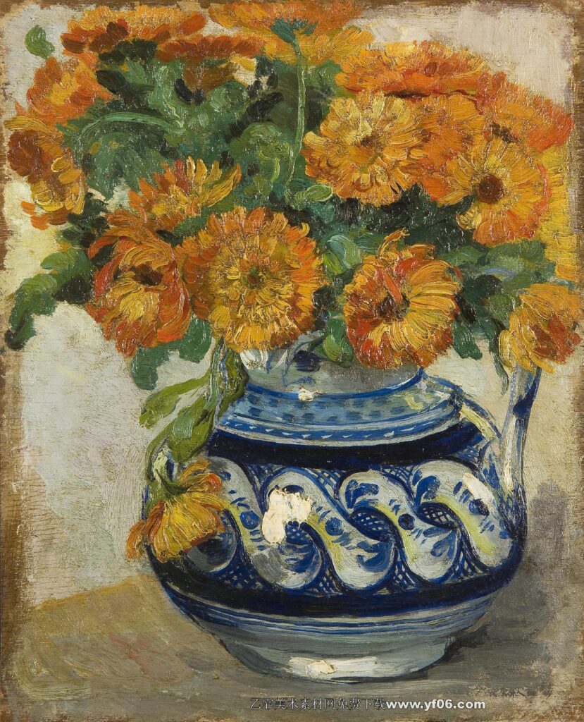 358 梵高 Vincent van Gogh-Still life of marigolds in a Westerwald jug