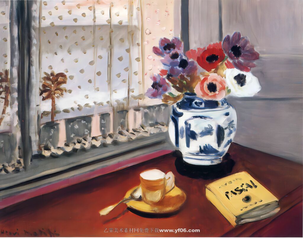 马蒂斯油画高清素材免费下载——桌子上的静物鲜花-乙霏美术素材网
