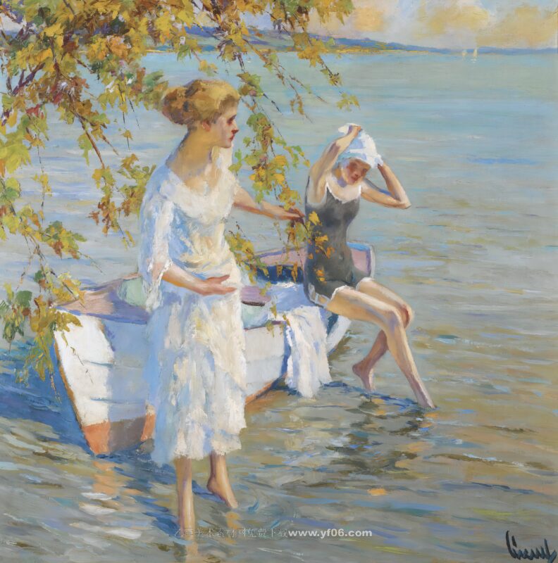 库库尔高清油画资源下载——海边看风景的女人-乙霏美术素材网