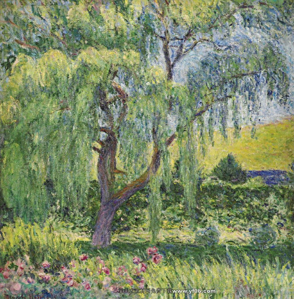 莫奈油画高清素材免费下载——柳树-乙霏美术素材网