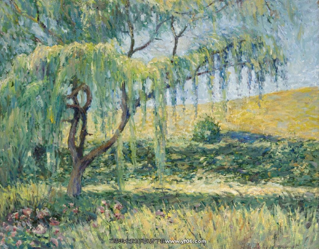 莫奈油画高清素材免费下载——柳树-乙霏美术素材网