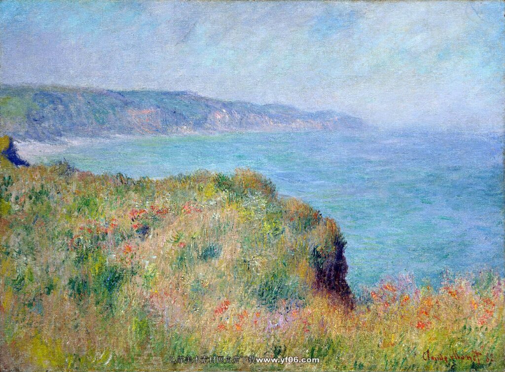 莫奈油画高清素材免费下载——悬崖边上散步-乙霏美术素材网