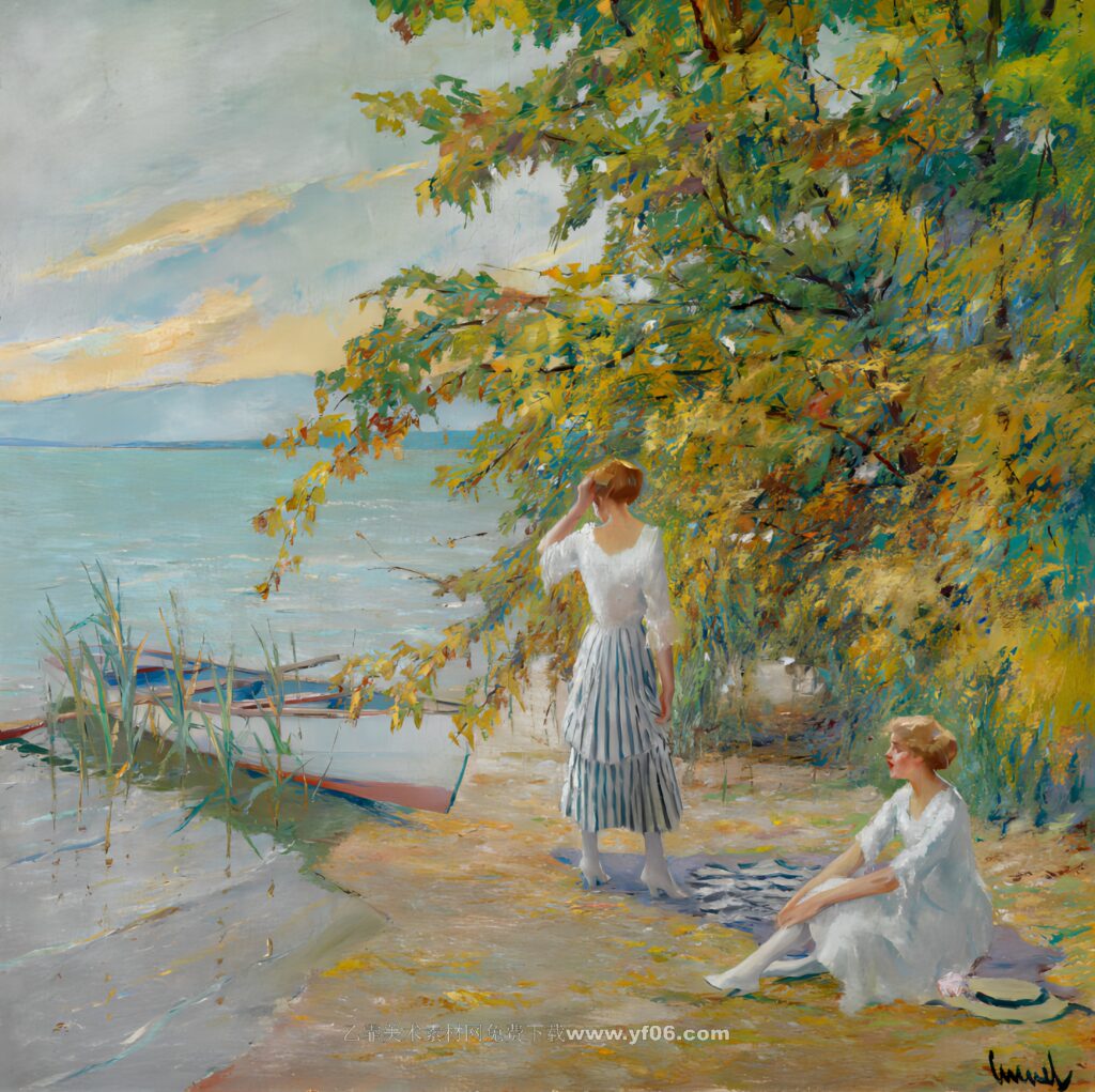 库格尔高清油画资源免费下载——海边休息的女人-乙霏美术素材网