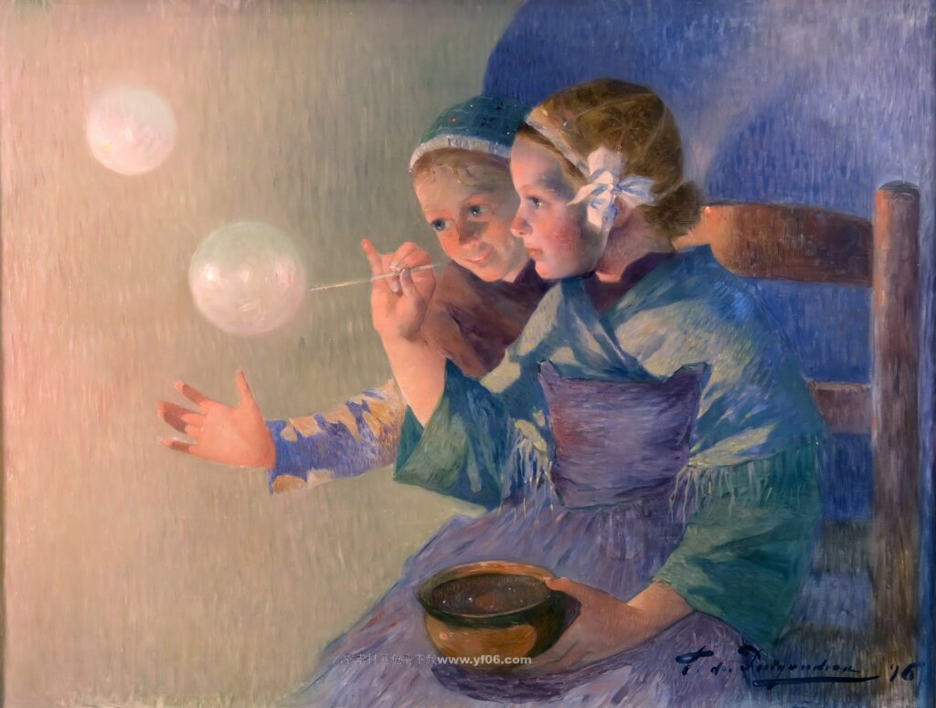 费迪南德·杜·普伊戈多高清油画素材免费下载——吹泡泡的小女孩-乙霏美术素材网