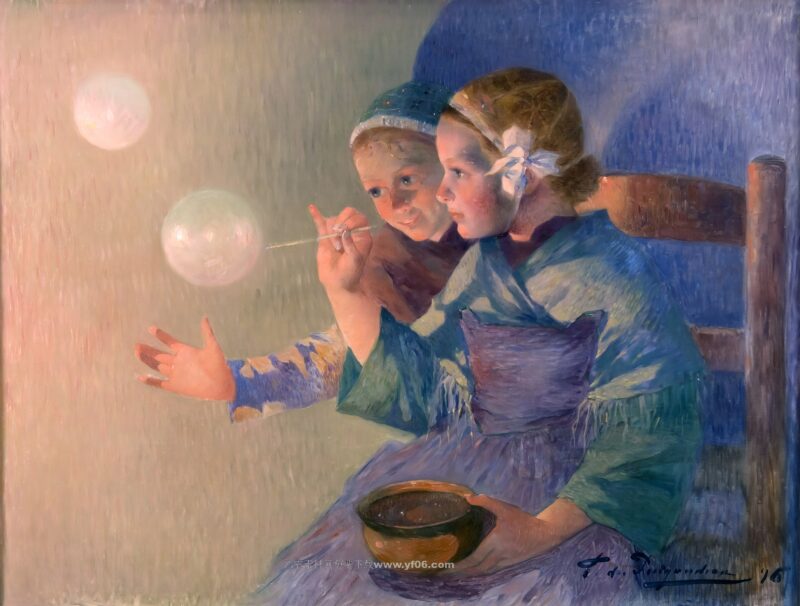 费迪南德·杜·普伊戈多高清油画素材免费下载——吹泡泡的小女孩-乙霏美术素材网