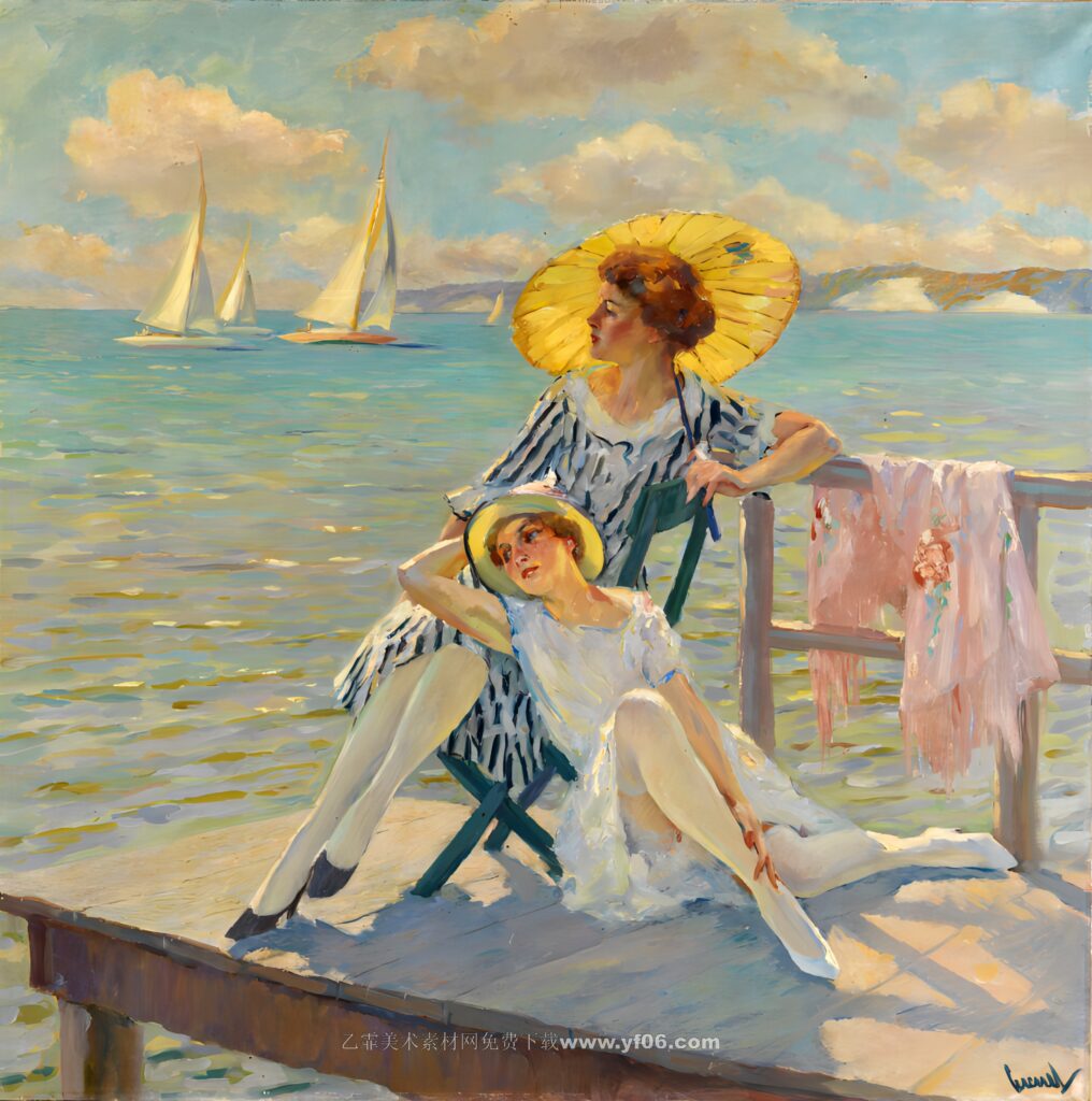 库格尔高清油画资源免费下载——海边休息的女人-乙霏美术素材网