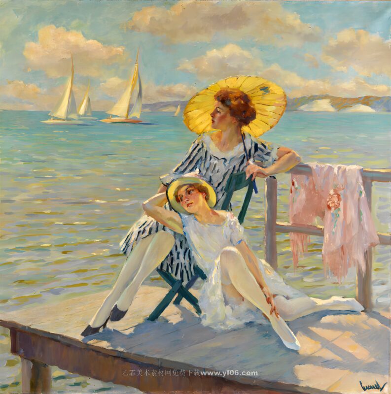 库格尔高清油画资源免费下载——海边休息的女人-乙霏美术素材网