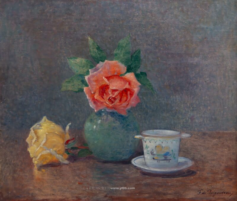 费迪南德·杜·普伊戈多高清油画素材免费下载——花瓶里的玫瑰-乙霏美术素材网