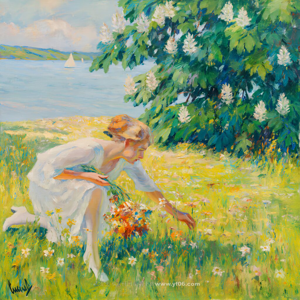 库格尔高清油画资源免费下载——采花的女人-乙霏美术素材网