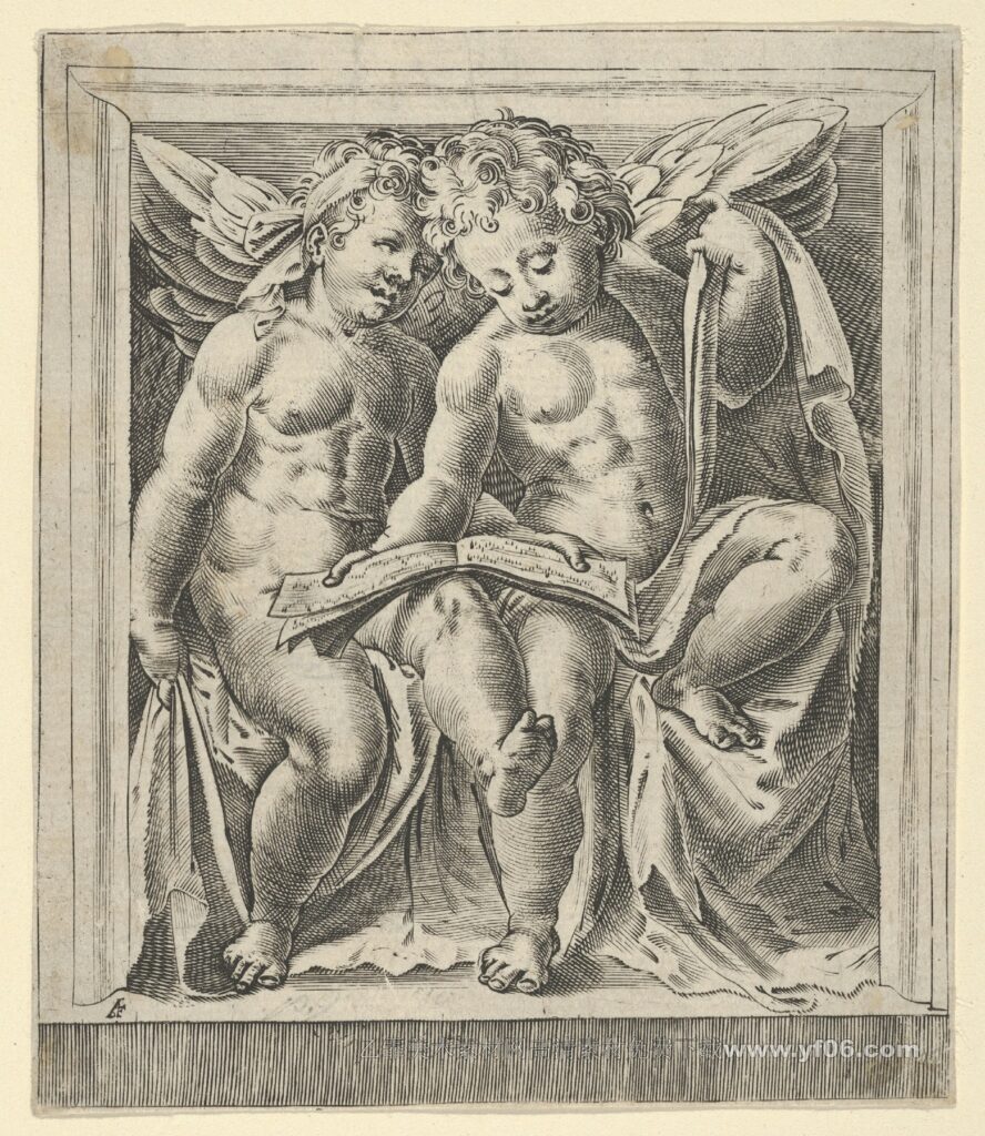 Two seated angels, facing left, reading from a song book, from T
