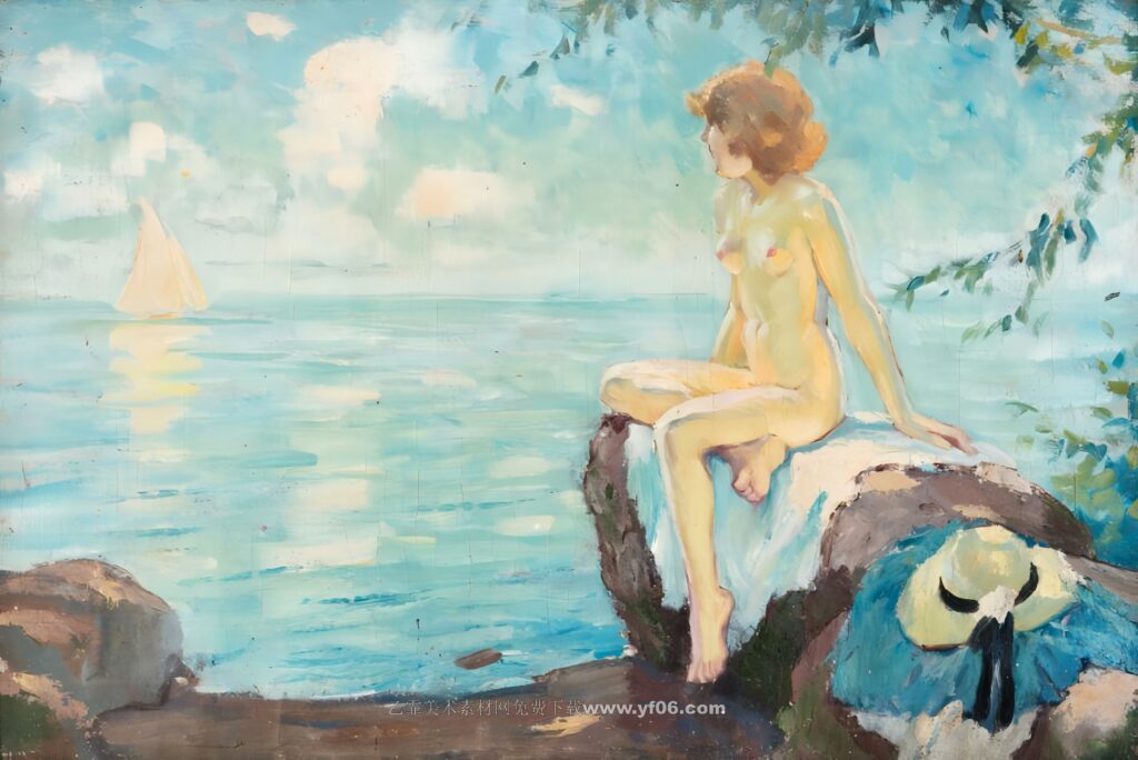 库格尔高清油画资源免费下载——海边休息的女人-乙霏美术素材网