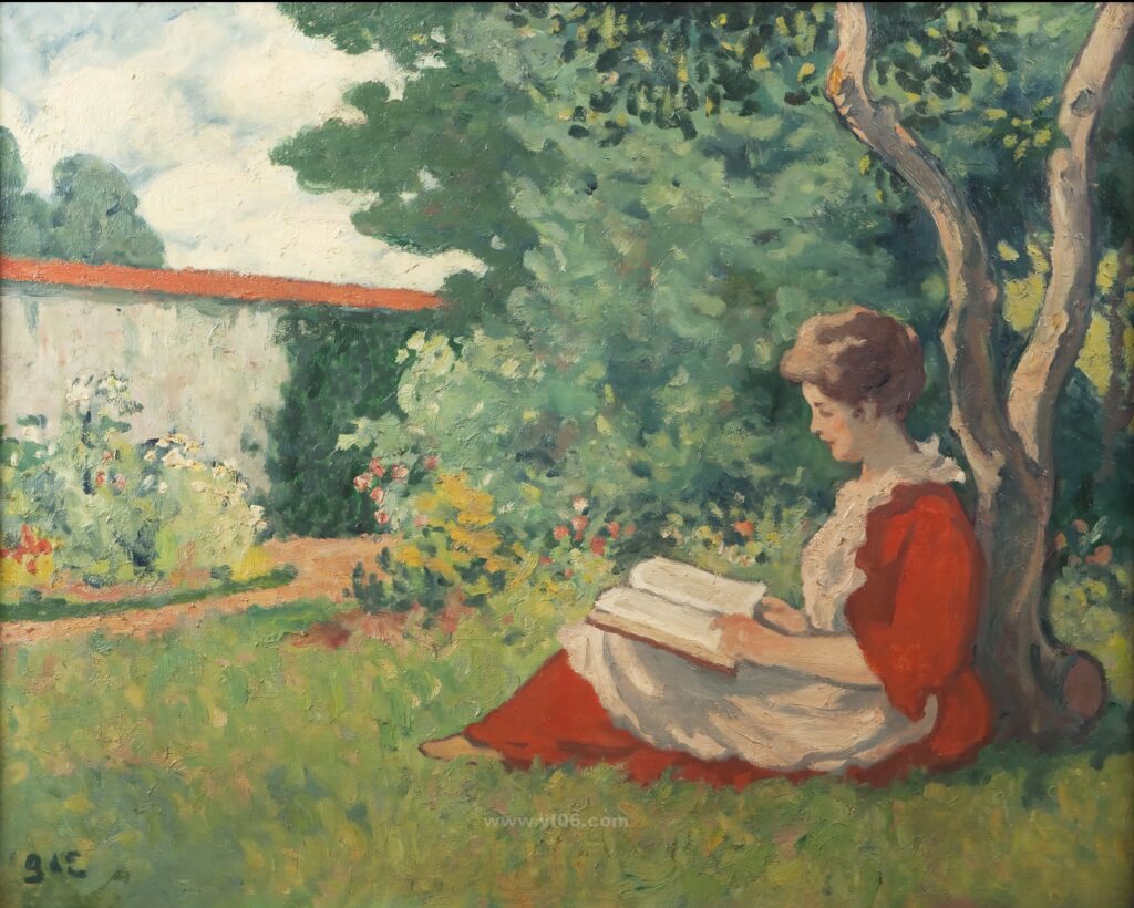 054-Georges d'ESPAGNAT 在花园读书的女子_031328