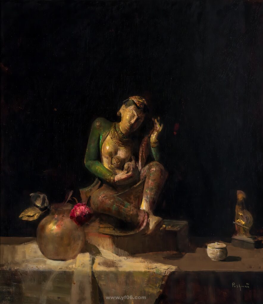 Hovsep Pushman ArmenianAmerican, 1877-1966 The Maternal Fountain, circa 1950 Signed Pushman (lr) Oil on panel 26 x 23 inches_123608