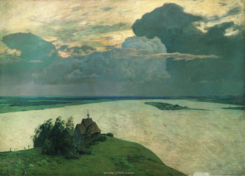 伊萨克.列维坦－墓地上空的云 淘宝：名画资源店